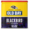 A yellow and purple tin of Old Bay Black Bird Seasoning, 6.5 Oz featuring the Baltimore Ravens logo as an official partner.