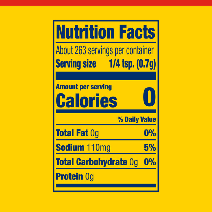 A nutrition facts label for Old Bay Black Bird Seasoning, 6.5 Oz shows that a serving size of one quarter teaspoon contains zero calories and one hundred ten milligrams of sodium.