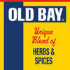 A graphic illustration of the Old Bay Black Bird Seasoning, 6.5 Oz label featuring the brand name in bold white letters against a blue and yellow background with the phrase Unique Blend of HERBS and SPICES.