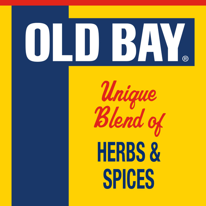 A graphic illustration of the Old Bay Black Bird Seasoning, 6.5 Oz label featuring the brand name in bold white letters against a blue and yellow background with the phrase Unique Blend of HERBS and SPICES.