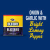 A tin of Old Bay Black Bird Seasoning, 6.5 Oz is displayed against a blue background featuring text that describes its onion and garlic flavor profile with bright lemony pepper.