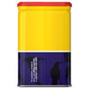 The back of a yellow and purple tin of Old Bay, 6.5 Oz features black raven silhouettes and contact information for recipes and questions.