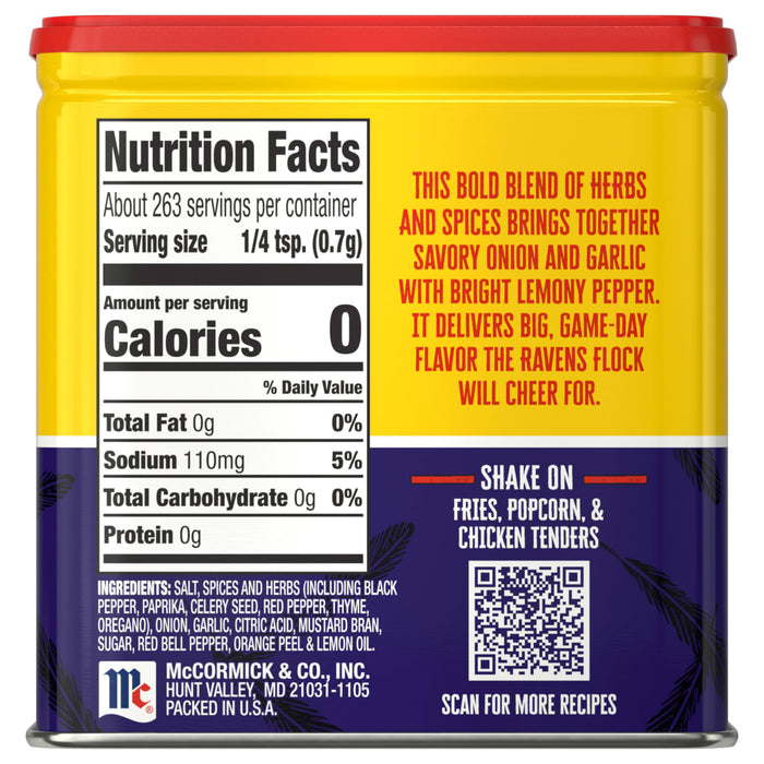 The back label of Old Bay, 6.5 Oz provides nutrition facts and an ingredient list including salt, spices, and herbs like black pepper, paprika, and celery seed.