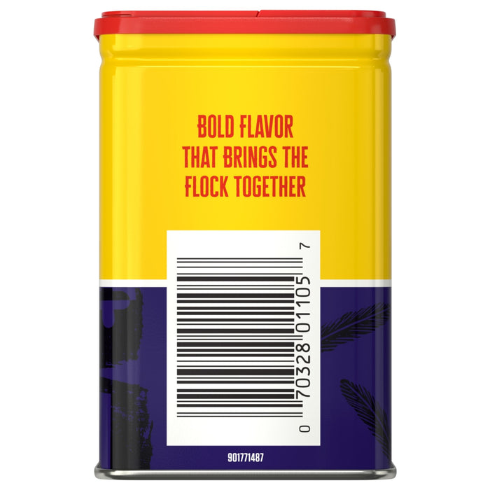 The back of a yellow and blue tin of Old Bay, 6.5 Oz features the slogan BOLD FLAVOR THAT BRINGS THE FLOCK TOGETHER above a large barcode.