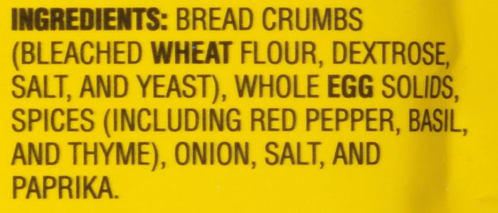 A list of ingredients for a product including bread crumbs bleached wheat flour dextrose salt yeast whole egg solids spices onion and paprika.