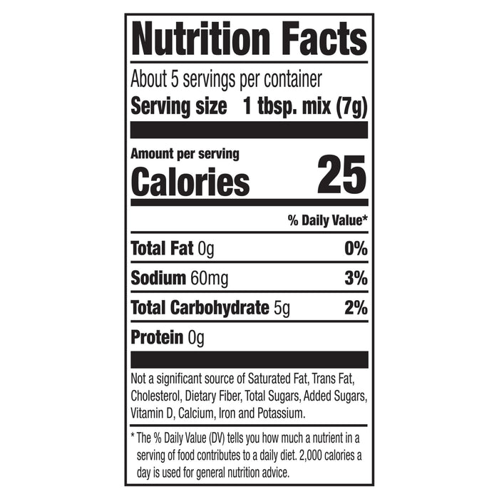 A nutrition facts label for Old Bay Regular Salmon Seasoning Mix 1.34 Oz showing 25 calories and 60 milligrams of sodium per serving.