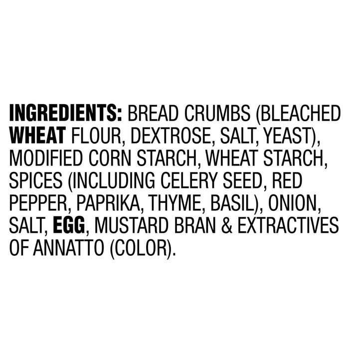 A list of ingredients for Old Bay Regular Salmon Seasoning Mix 1.34 Oz including bread crumbs, wheat flour, spices, onion, and egg.