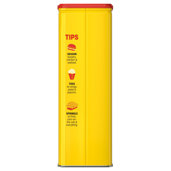 A yellow container of Old Bay seasoning with tips on how to use it.