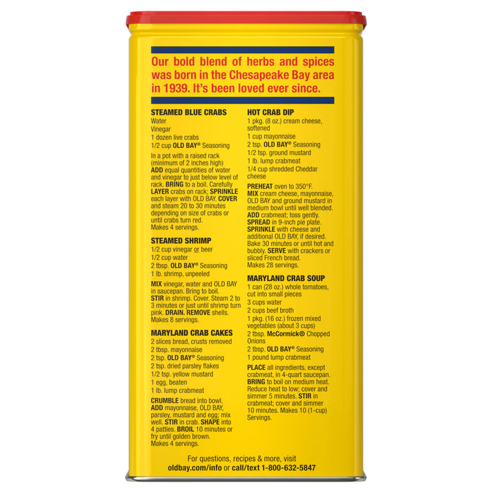 A yellow container of Old Bay Seasoning with recipes for steamed blue crabs, steamed shrimp, Maryland crab cakes, hot crab dip, and shrimp and pasta salad.