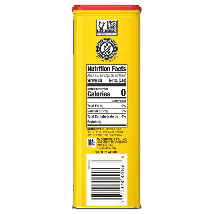 McCormick Celery Salt Nutrition Facts label with Non-GMO Project Verified logo.
