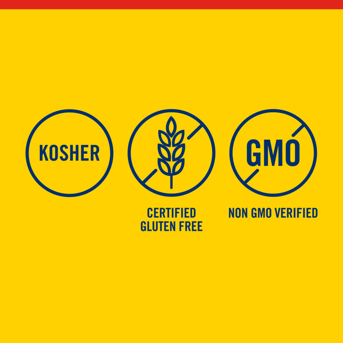 The image displays Kosher, Certified Gluten-Free, and Non-GMO Verified icons, indicating product certifications.
