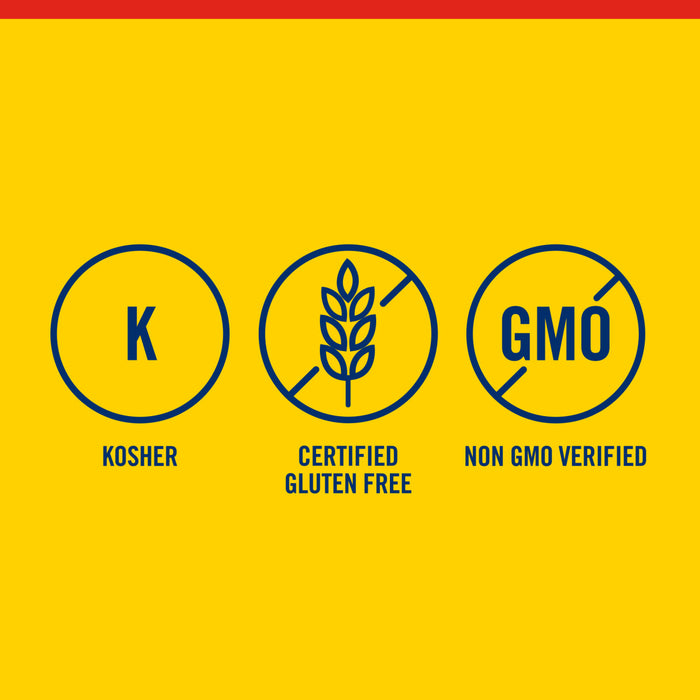 Three blue circles with white text on a yellow background the first circle says Kosher the second says Certified Gluten Free and the third says Non GMO Verified.
