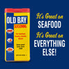 A yellow box of Old Bay Seasoning with a blue background that says It\s Great on Seafood It\s Great on Everything Else!