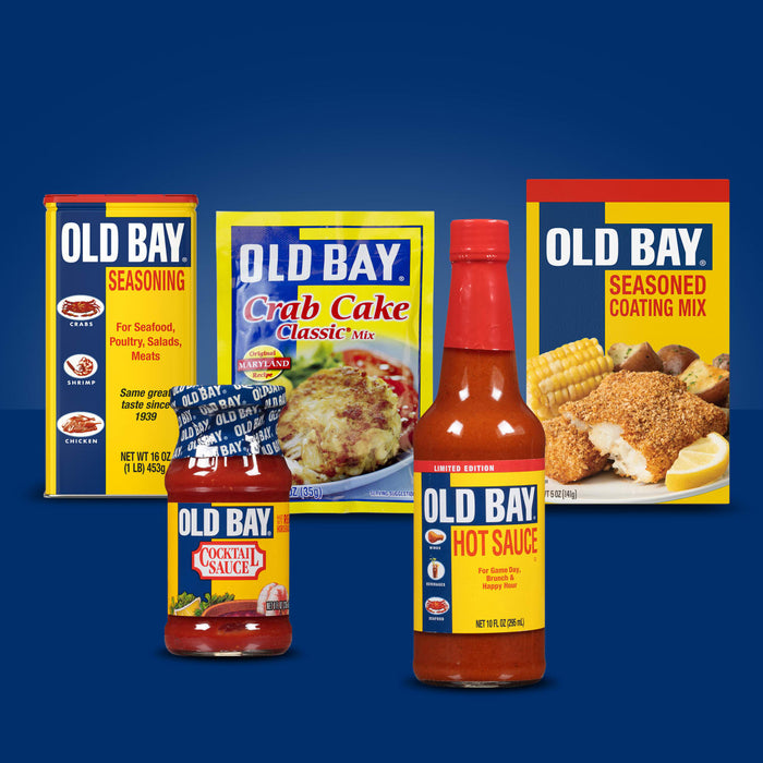 A collection of Old Bay products including seasoning, crab cake mix, hot sauce and cocktail sauce.
