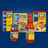 A collection of Old Bay products including seasoning crab cake mix hot sauce and cocktail sauce.