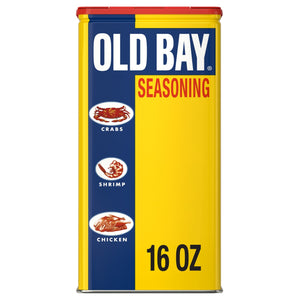 A yellow and blue can of Old Bay Seasoning with a red lid.