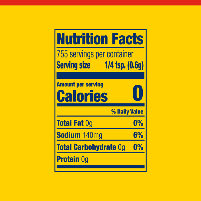 Nutrition facts label for a product with 0 calories per serving.
