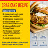 A recipe for crab cakes with ingredients and cooking times listed.