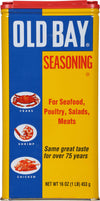 A yellow can of Old Bay Seasoning with a red lid and images of crab, shrimp, and chicken.