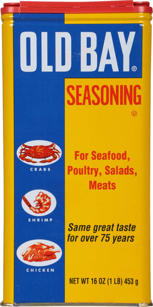 A yellow can of Old Bay Seasoning with a red lid and images of crab, shrimp, and chicken.