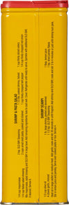 A yellow can of Old Bay Seasoning with instructions for making shrimp and pasta salad and shrimp scampi.