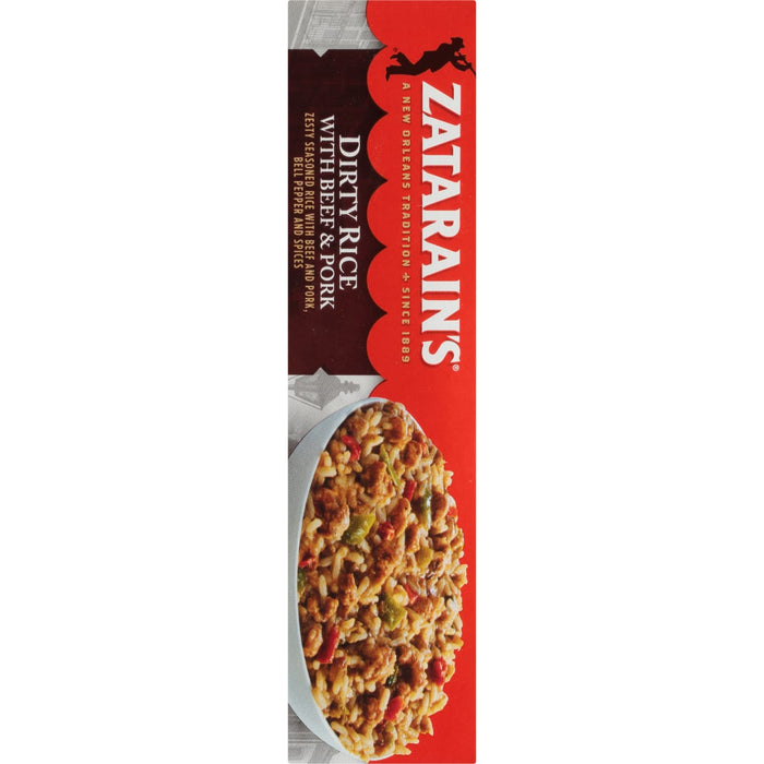 A box of Zatarain's Dirty Rice with Beef and Pork.