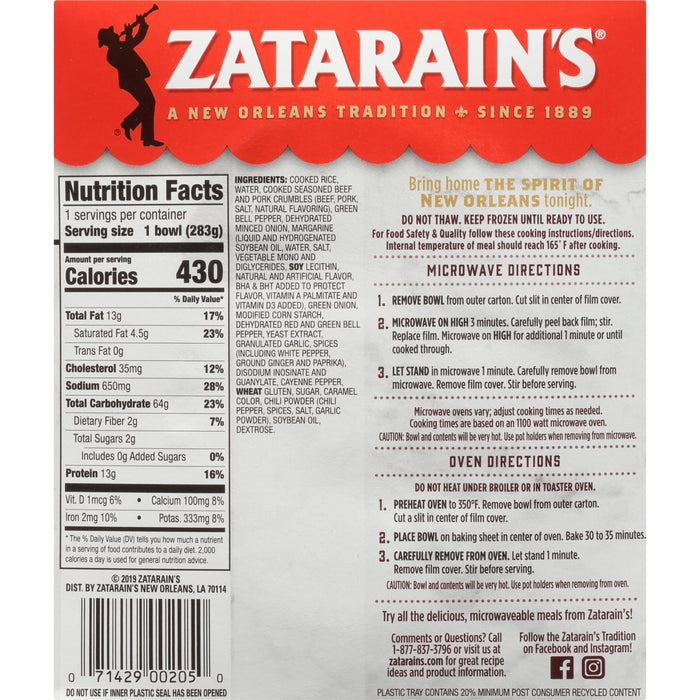 A Zatarain's box with nutritional information and cooking instructions for their New Orleans style rice.