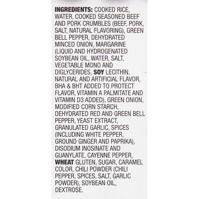 A list of ingredients for a product containing cooked rice, water, cooked seasoned beef and pork crumbles, green bell pepper, dehydrated minced onion, margarine, and more.