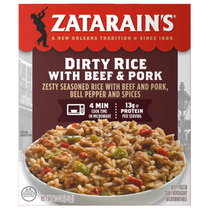 A box of Zatarains Frozen Dirty Rice Entree Beef And Pork 10 Oz featuring zesty seasoned rice with bell peppers and spices in a white bowl.