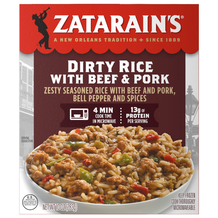 A box of Zatarains Frozen Dirty Rice Entree Beef And Pork 10 Oz featuring zesty seasoned rice with bell peppers and spices in a white bowl.