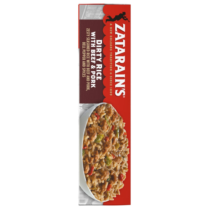 A box of Zatarains Frozen Dirty Rice Entree Beef And Pork 10 Oz featuring a bowl of zesty seasoned rice with beef, pork, bell peppers, and spices.