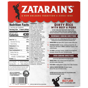 The back of a package for Zatarains Frozen Dirty Rice Entree Beef And Pork 10 Oz displays detailed nutrition facts, ingredients, and cooking instructions for both microwave and oven preparation.