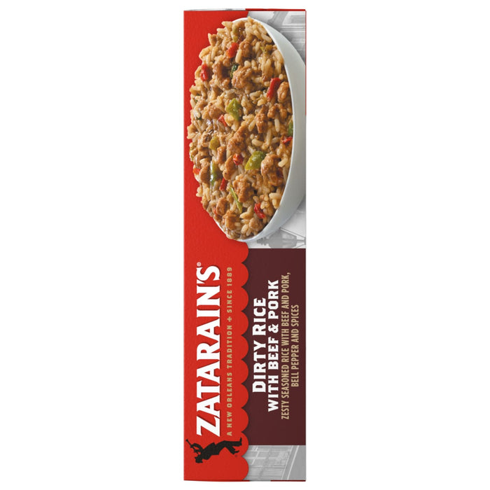 A vertical box of Zatarains Frozen Dirty Rice Entree Beef And Pork 10 Oz features a bowl of zesty seasoned rice mixed with beef, pork, bell peppers, and spices.