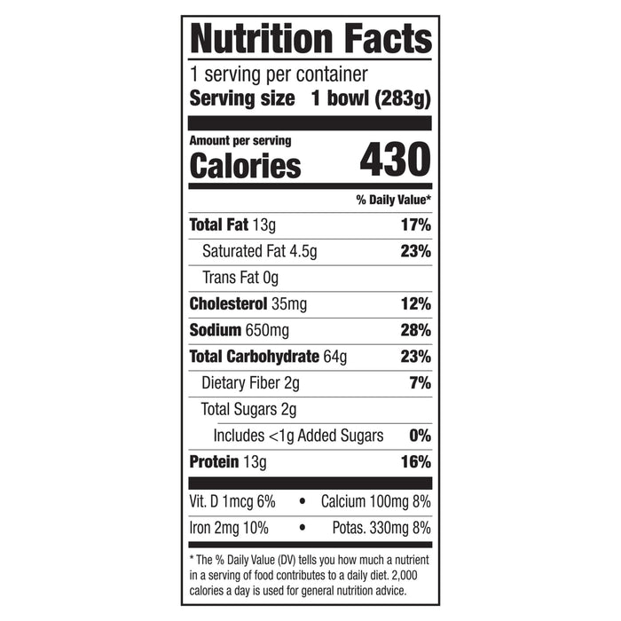 A nutrition facts label for Zatarains Frozen Dirty Rice Entree Beef And Pork 10 Oz showing 430 calories and 13 grams of protein per serving.