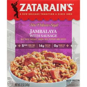 A box of Zatarain's New Orleans Style Jambalaya with Sausage.