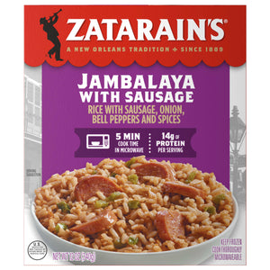 A box of Zatarains Frozen Jambalaya Entree Sausage 12 Oz featuring a bowl of rice mixed with sausage slices and bell peppers against a purple and red background.