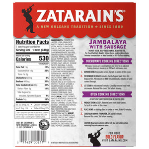 The back of a package for Zatarains Frozen Jambalaya Entree Sausage 12 Oz displays comprehensive nutrition facts, a detailed ingredient list, and clear cooking instructions for both microwave and oven preparation.
