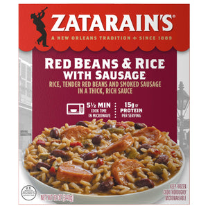 A box of Zatarains Frozen Red Bean And Sausage And Rice Entree Sausage 12 Oz featuring a bowl of rice, red beans, and sliced smoked sausage in a rich sauce.