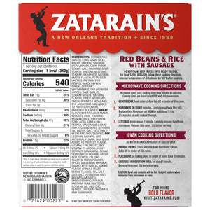 The back of a package for Zatarains Frozen Red Bean And Sausage And Rice Entree Sausage 12 Oz displays the nutrition facts, ingredients list, and detailed cooking instructions for microwave and oven preparation.