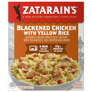 A box of Zatarains Frozen Chicken And Vegetable And Rice Entree Blackened Chicken 10.5 Oz featuring seasoned grilled white meat chicken with yellow rice and bell peppers.