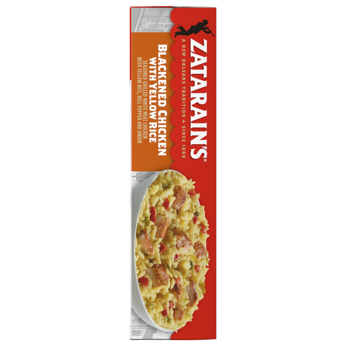 A vertical view of the packaging for Zatarains Frozen Chicken And Vegetable And Rice Entree Blackened Chicken 10.5 Oz featuring a bowl of seasoned grilled white meat chicken with yellow rice, bell peppers, and onions.