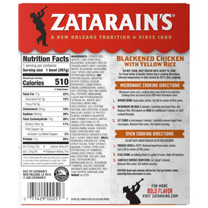 The back of a package for Zatarains Frozen Chicken And Vegetable And Rice Entree Blackened Chicken 10.5 Oz displays detailed nutrition facts, a full list of ingredients, and specific microwave and oven cooking directions.