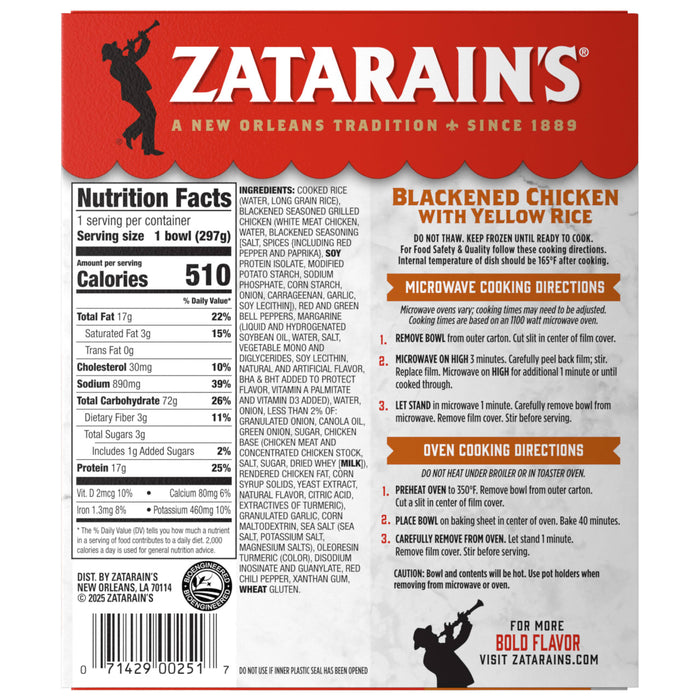 The back of a package for Zatarains Frozen Chicken And Vegetable And Rice Entree Blackened Chicken 10.5 Oz displays detailed nutrition facts, a full list of ingredients, and specific microwave and oven cooking directions.
