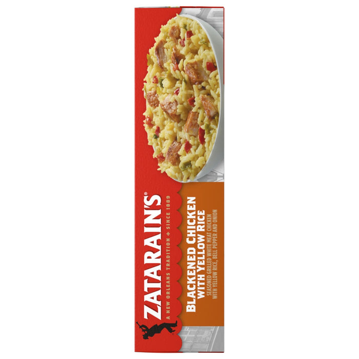 A box of Zatarains Frozen Chicken And Vegetable And Rice Entree Blackened Chicken 10.5 Oz features a bowl of seasoned grilled white meat chicken with yellow rice, bell pepper, and onion.