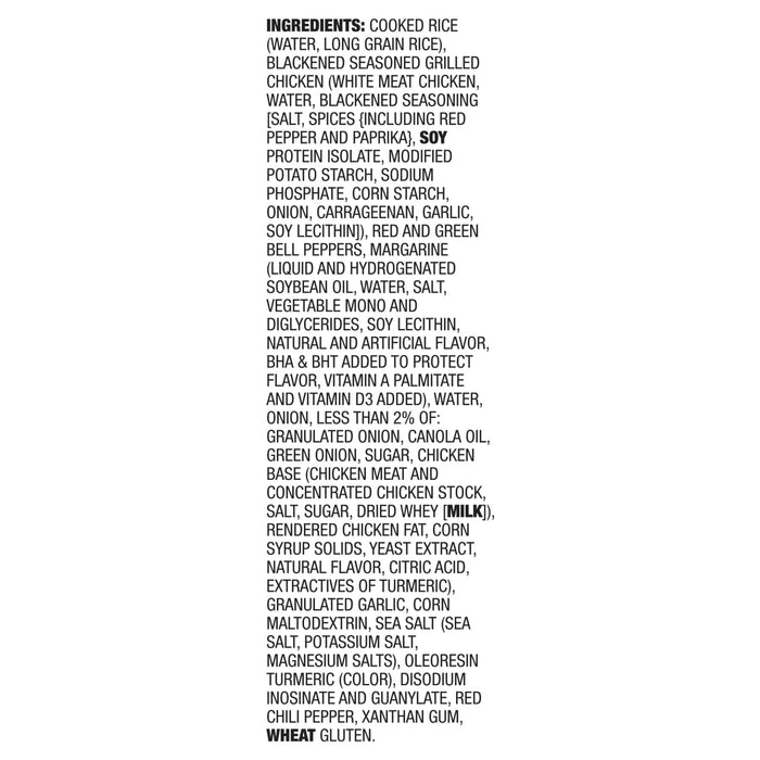 A detailed list of ingredients for Zatarains Frozen Chicken And Vegetable And Rice Entree Blackened Chicken 10.5 Oz including cooked rice, blackened seasoned grilled chicken, and various spices.