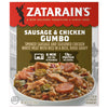 A package of Zatarains Frozen Gumbo Entree Chicken And Sausage 12 Oz featuring a bowl of gumbo with smoked sausage, seasoned chicken, and okra in a rich roux gravy.