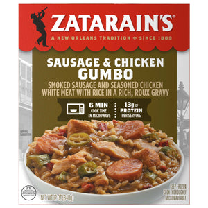 A package of Zatarains Frozen Gumbo Entree Chicken And Sausage 12 Oz featuring a bowl of gumbo with smoked sausage, seasoned chicken, and okra in a rich roux gravy.