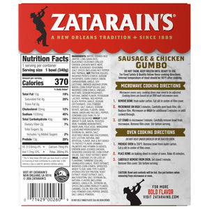 The back of a package for Zatarains Frozen Gumbo Entree Chicken And Sausage 12 Oz displays the nutrition facts, a detailed list of ingredients, and microwave and oven cooking instructions.