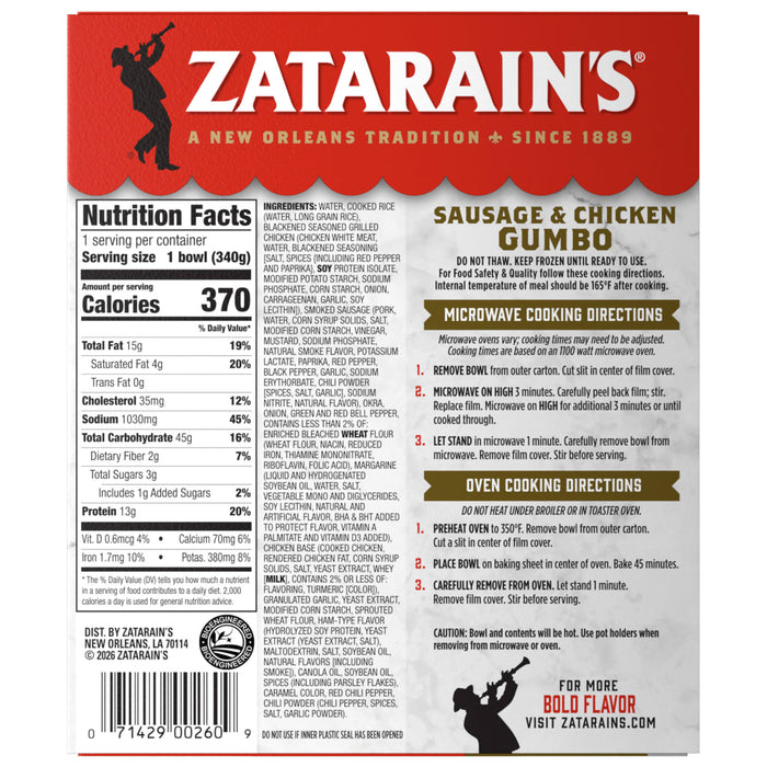 The back of a package for Zatarains Frozen Gumbo Entree Chicken And Sausage 12 Oz displays the nutrition facts, a detailed list of ingredients, and microwave and oven cooking instructions.
