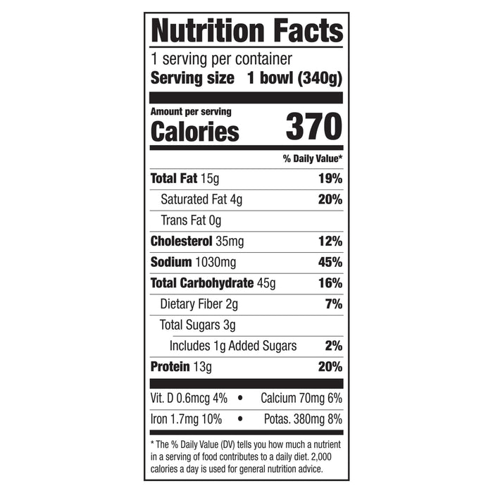 A nutrition facts label for Zatarains Frozen Gumbo Entree Chicken And Sausage 12 Oz showing 370 calories and 1030 milligrams of sodium per serving.